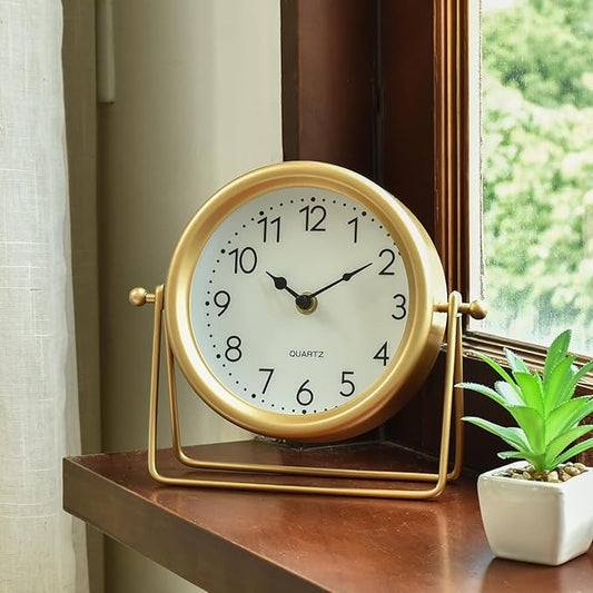 Small Gold Desk Clock – Classic Vintage Silent Non-Ticking Clock with Distressed Metal Frame, Decorative Shelf Decor for Office, Living Room or Bedroom