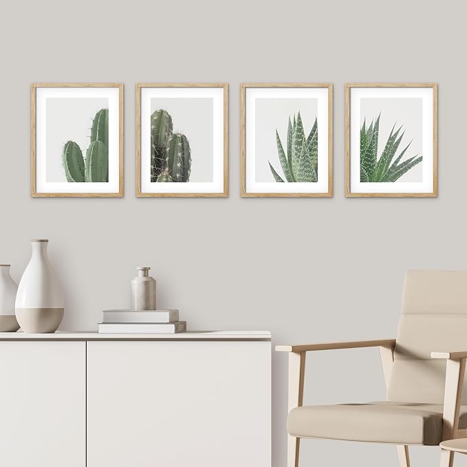 SIGNWIN Framed Green Cactus Snake Plant Wall Art, Set of 4 Collage Desert Landscape Wall Decor Prints, Nature Wilderness Wall Décor for Living Room, Bedroom - 11"x14"Natural