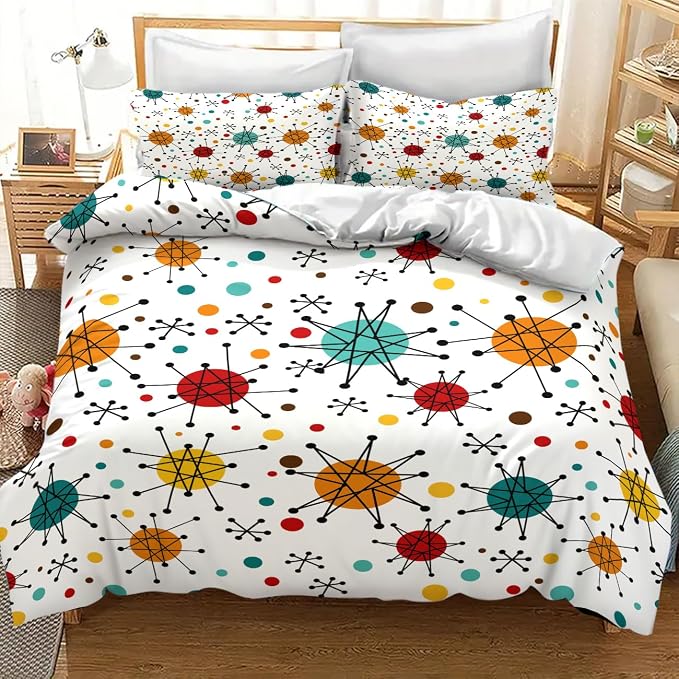 Mid Century Bedding Set,Modern Geometric Atomic Abstract Iconic Pattern 1950s 1960s Retro Style Comforter Set with Pillowcase for Bedroom Bed Decor,Queen 90"x90"