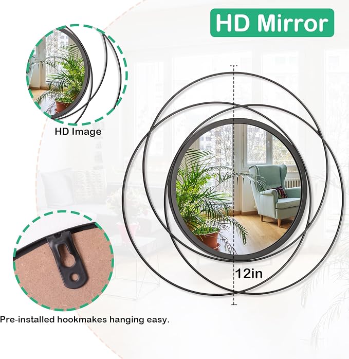 Black 3 Pcs Decorative Wall Mirror Circle Modern Mirror Round Art Ring Metal Mirrors Wall Decor Wall Mounted Mirror for Living Room Bedroom Dining Room Hallway Entryway 12"