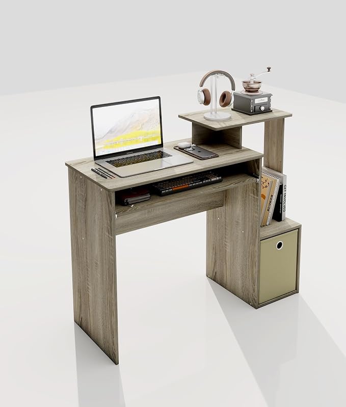 Small Computer Desk with Drawer, Writing Desk with Storage Shelves for Home Office Bedroom, Oak/Ivory