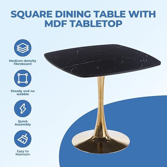 31.5 Inch Square Dining Table for 2 to 4 Person Mid Century Modern Tulip Table with Metal Pedestal Base Thick MDF Top for Apartment Kitchen Bistro Office, Black and Golden