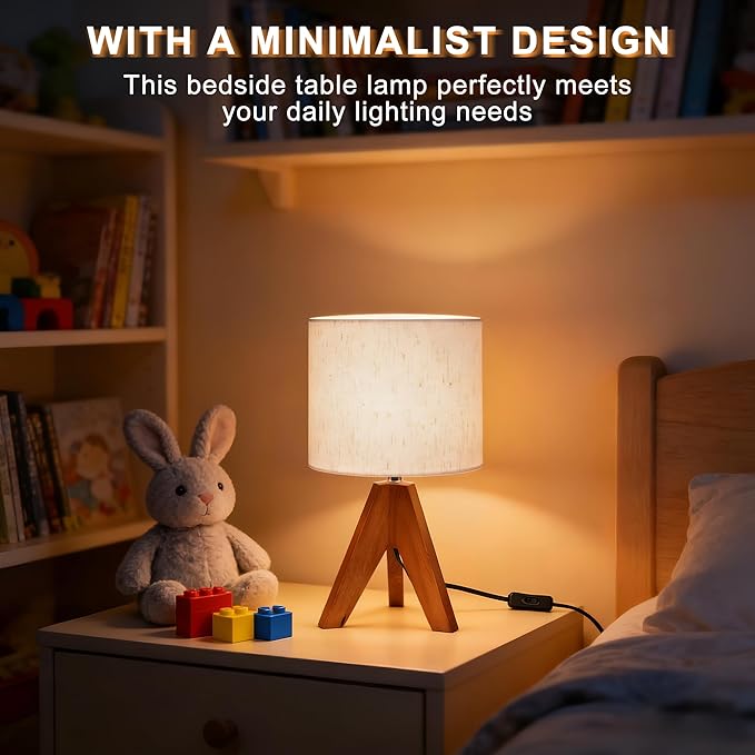Table Lamp, Small Side Table lamp with Linen Shade, Bedside Lamps for Living Room, Bedroom, Night Stands, Nursery, Kids Room, Wood Base, E26 Socket, 14.2 Inch（1pcs）