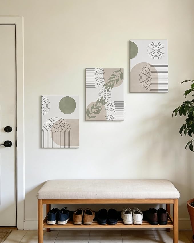 Drsoum Green Bohemian Wall Art Framed Boho Plant Sage Wall Decor Abstract Geometry Artwork Bedroom Home Office Living Room Prints Ready to Hang 12x16in Framed