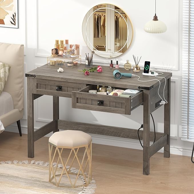 YOMILUVE Farmhouse Computer Desk with 2 Drawers, 39 Inch Small Computer Desk with Power Outlets, Home Office Desk Compact Writing Study Table for Small Spaces, Grey