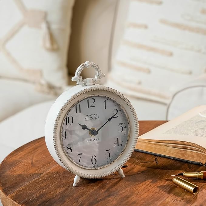 NIKKY HOME Table Clock, Vintage Desk Clock, Antique White Finish Table Clocks, Non-Ticking Battery Operated Decorative Shelf Clock for Living Room Bedroom Gift Clocks