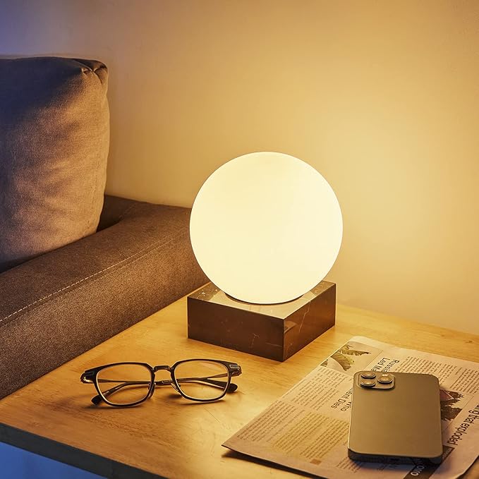 FLORNIA Modern Industrial Table Lamp, Unique Bedside Nightstand Desk Lamp with Glass Shade and Marble Base for Bedroom, Living Room, Office Study, Decoration (Include Bulb G45)