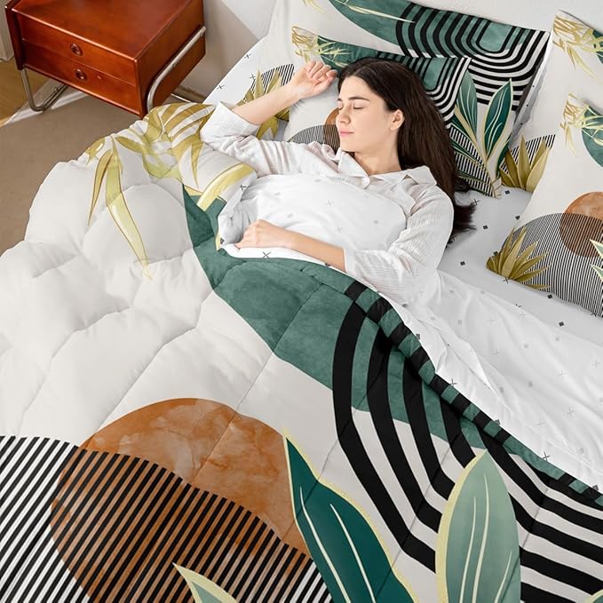 Erosebridal 7 Piece Boho Mid Century Bedding Sets Twin Modern Abstract Geometric Comforter Set for Women Men,Retro Minimalist Aesthetic Bed in a Bag Line Art Sheet Set with Comforter,Green