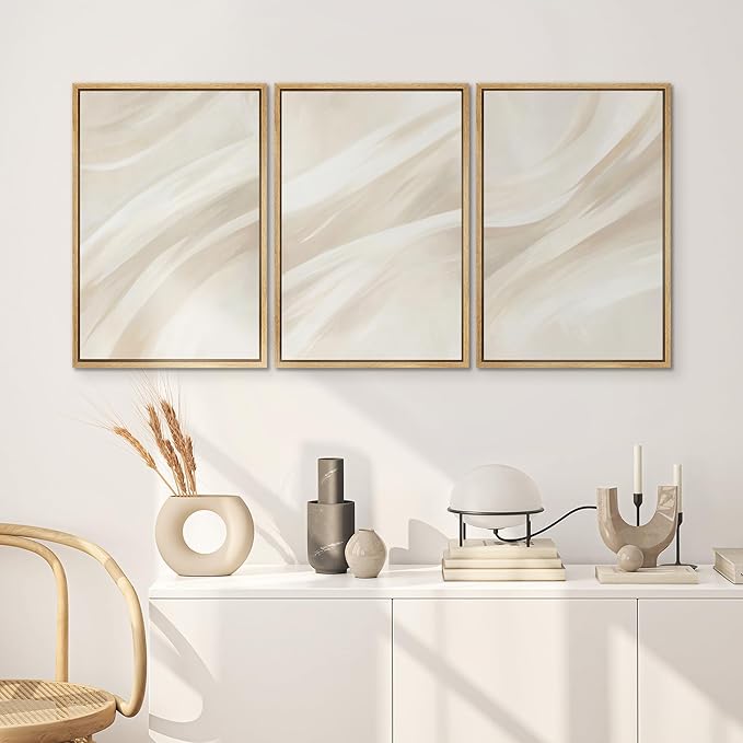 SIGNWIN Framed Canvas Print Wall Art Set Abstract Beige Flow Neutral Brushstroke Illustrations Modern Art Decorative Boho Relax/Zen Nordic for Living Room, Bedroom, Office - 16"x24"x3 Natural