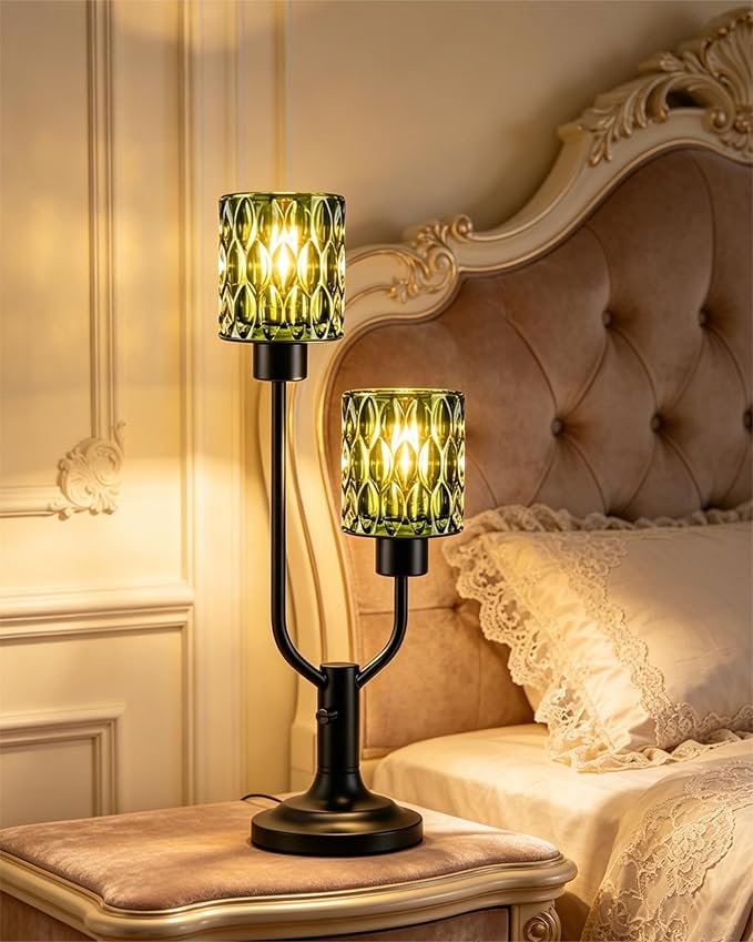 Lightdot Vintage Table Lamp for Living Room Dimmable Nightstand Lamp Mid Century Modern Green Glass Black Desk Lamp 2 Bulbs Included Warmwhite Ambient Bedside Lamps for Bedroom Home Office Decor Gift