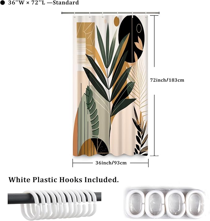 Boho Shower Curtain Mid Century Style Plant Leaves Bathroom Curtain Modern Abstract Graphic Waterproof Fabric Decor Shower Curtain with Hooks 36x72 Inch