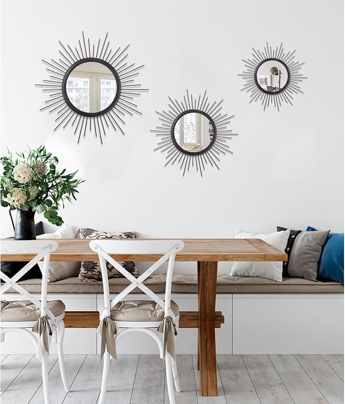 Sunburst Wall mirror Black Small Spoked Wall Decor Mirror Bohemian Home Round Modern Metal Wall Art Mirror for Living room Hallway Bedroom Bathroom Balcony Farmhouse Entrance 12"