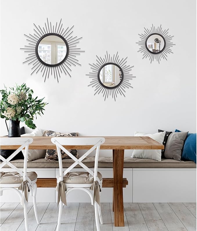 Large Sunburst Wall Mirror Boho Home Decor Round Wall Art Mirror Modern Metal Hanging Mirror Bathroom Bedroom Hallway Balcony Vanity Living Room Entryway Black 20"