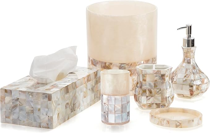 Milano Hand Soap Dispenser for Bathroom, Decorative Countertop Lotion Dispenser Finished in Beautiful Mother of Pearl, with Durable Pump for Elegant Bathroom Decor