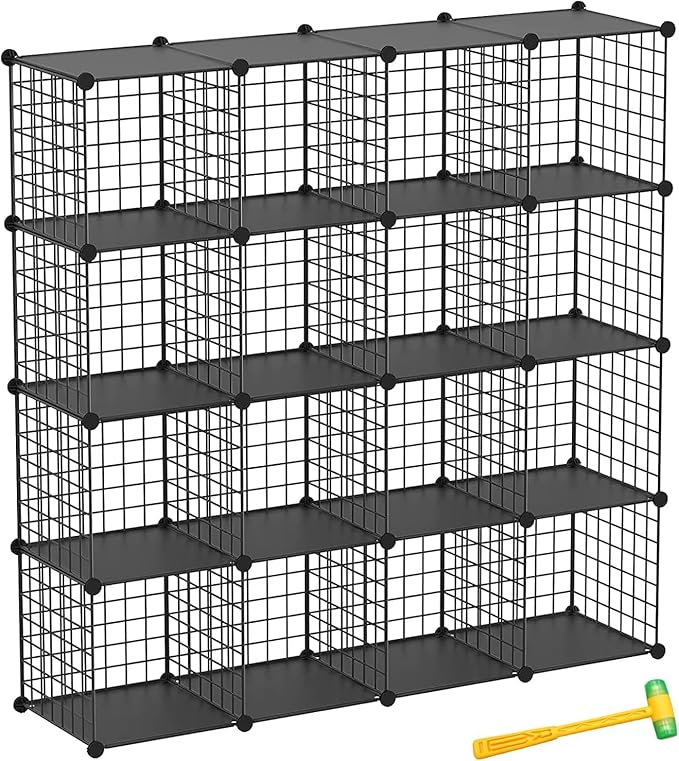 Wire Cube Storage Organizer, Metal Storage Shelves Bookshelf, Stackable Modular Closet Organizer for Bedroom Living Room, Office,Storage Shelves（16-Cube，Black）