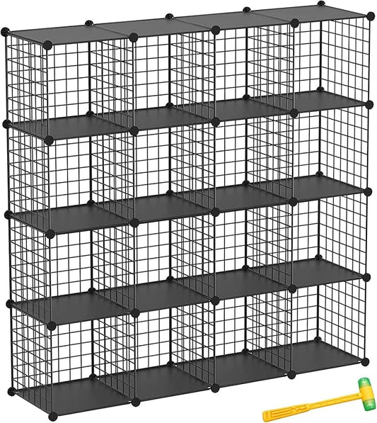 Wire Cube Storage Organizer, Metal Storage Shelves Bookshelf, Stackable Modular Closet Organizer for Bedroom Living Room, Office,Storage Shelves（16-Cube，Black）