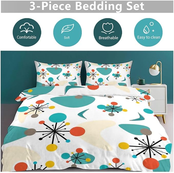 Mid Century Bedding Set,1950s 1960s Vintage Atomic Abstract Green Geometric Pattern Comforter Set with Pillowcase for Bedroom Bed Decor,Full 79"x90"