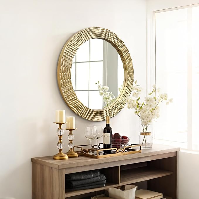 WAMIRRO Gold Round Wood Mirror, 28 Inch Hand Carved Solid Wood Frame Circle Mirror for Wall Mount, Farmhouse Boho Decor for Living Room, Bathroom, Bedroom, Hallway & Entryway