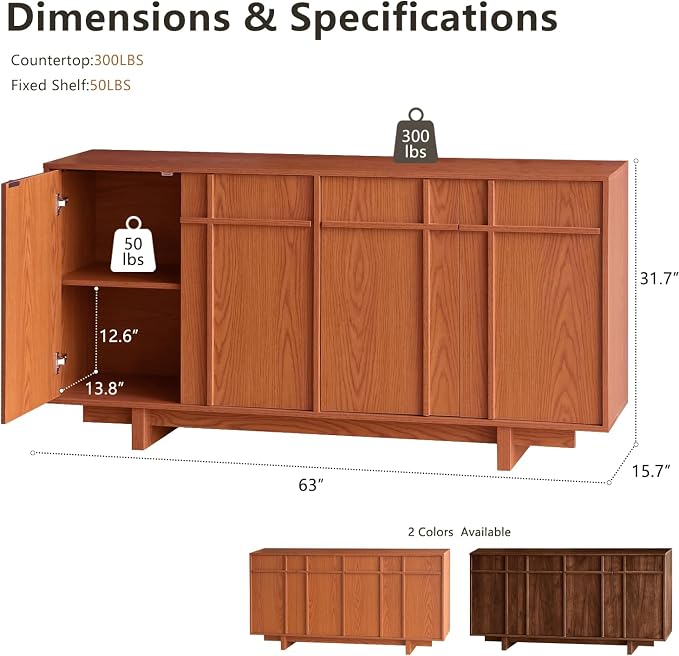 Sideboard Buffet Cabinet with Storage, Mid Century Modern Accent Cabinet with Skeleton Line & Wood Grain Texture, 63" Minimalist Credenza for Living Room Kitchen Dining Room Entryway, Cherry