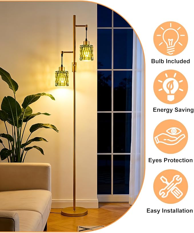 65IN Glass Floor Lamp, 2-Light Gold Tall Standing Lamps Dimmable with Green Glass Lampshade, 3000K Warmwhite Mid Century Modern Floor Lamp with 5Lbs Heavy Base for Living Room/Bedroom/Corner