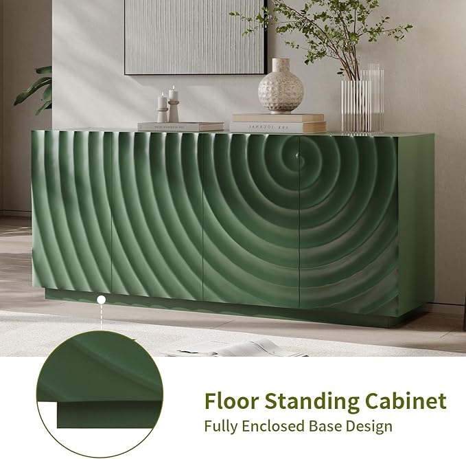 LKTART 59" Sideboard Buffet Cabinet with Storage, 4 Doors Modern Accent Storage Sideboard, Floor Cabinet Buffet with Spiral Grain for Kitchen, Living Room (Green)
