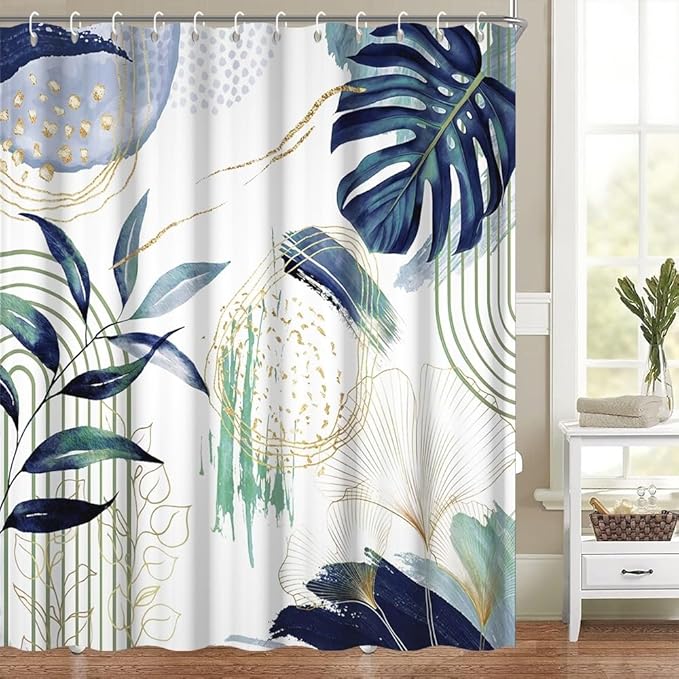 Mid Century Boho Shower Curtain Dark Green and Blue Palm Leaf Abstract Minimalist Aesthetic Bathroom Decor Watercolor Plant Bathtub Curtains Washable Waterproof Polyester Fabric with Hooks 65x72 Inch