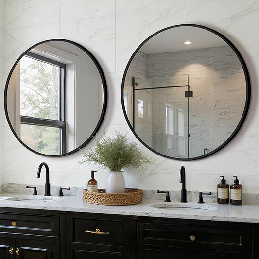 Round Bathroom Mirror for Wall, 2 Pack 30 inch Circle Bathroom Mirrors for Over Sink, Modern Circular Metal Frame for Vanity, Entryway, Bedroom, Living Room(Black)