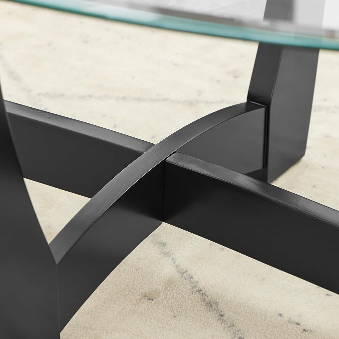 23.5" Round Glass End Table, Modern Side Table with Tempered Glass Top and Black Solid Wood Base, Small Circular Coffee Table for Living Room, Office, Apartment
