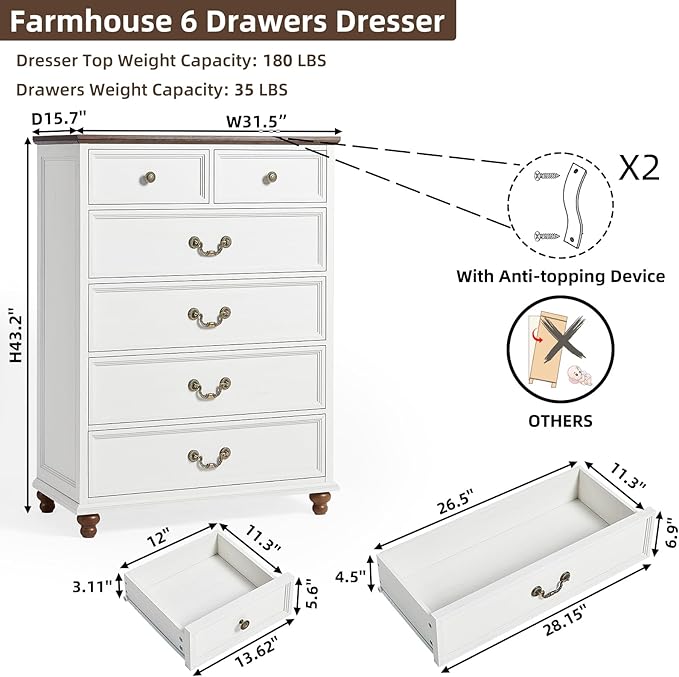 Farmhouse 6 Drawer Dresser Set of 2 for Bedroom, 42" Tall Rustic Chests of Drawers w/ 4 Solid Wood Feet, Mid Century Vintage Wooden Closet Storage Dressers Organizer for Living Room,White