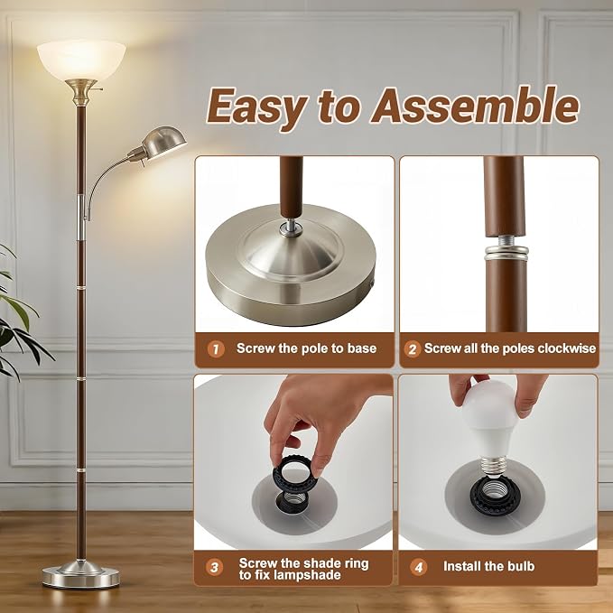 EJIAXIN Wood Floor Lamp for Living Room - Walnut Torchiere Floor Lamps for Bedroom Standing Lamp with Glass Shade - Mid Century Modern Corner Tall Lamps for Home Office Nursery Reading Light,2 Head