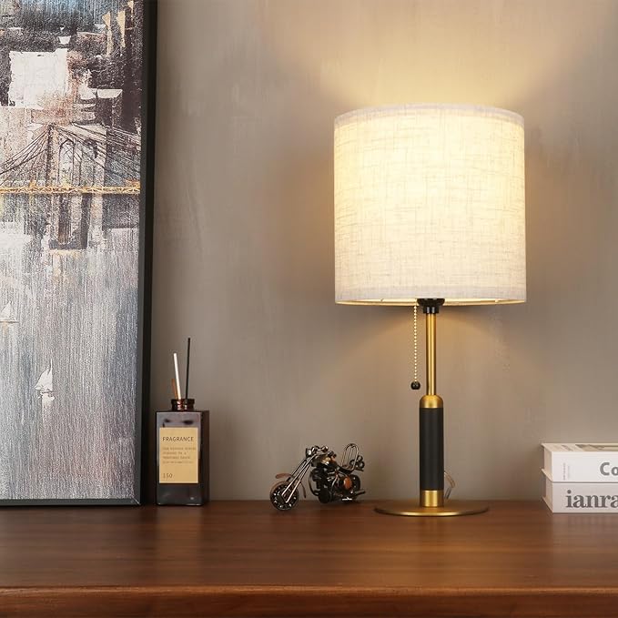 18.9" Mid Century Bedside Table Lamp for Nightstand with Pull Chain, 3-Color Lamp for Bedroom, Living Room, Solid Wood/Metal/Fabric Small Lamps for Home Office Room Decor (Light Brown+Brass)