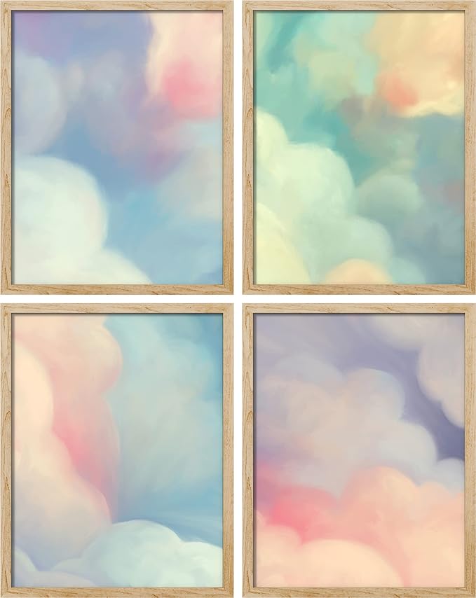 SIGNWIN Framed White Pastel Watercolor Rainbow Sky Clouds Wall Art, Set of 4 Abstract Geometric Wall Decor Prints, Nature Wilderness Wall D¨¦cor for Living Room, Bedroom - 12"x16" Natural