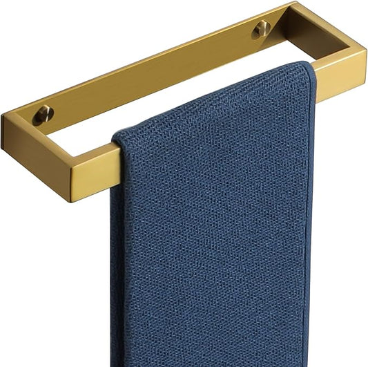 Sayayo Brushed Gold Towel Bar for Bathroom Wall, 10 Inch Hand Towel Holder, Screw or Self Adhesive Towel Ring Square SUS304 Stainless Steel, 3.2 Inch Wider Design