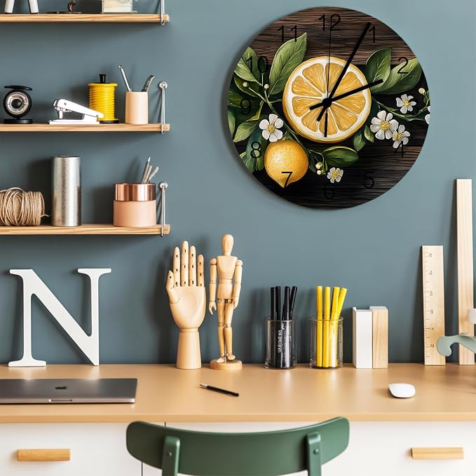 Lemon Flowers Wall Clock Battery Operated Non-Ticking 10" Round Wood Clocks, Vintage Style Kitchen Wall Clock for School Bathroom Living Room Home Office Wall Decor
