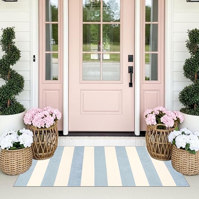 Front Door Mat Indoor Entrance - 2x4.3 Ft Washable Layered Doormat Outdoor Entrance Welcome Mat Front Porch Rug Non-Slip Blue White Striped Runner Rug for Kitchen Bedroom Front Porch Decor