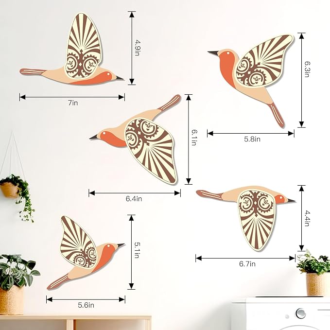 KOYILTD 5 Piece Bird Wood Wall Sculptures Wooden Wall Art Decor Scandinavian Home Decorations Flying Bird Wall Decor Farmhouse Wall Art for Home Living Room Bathroom Dining Room (Orange)