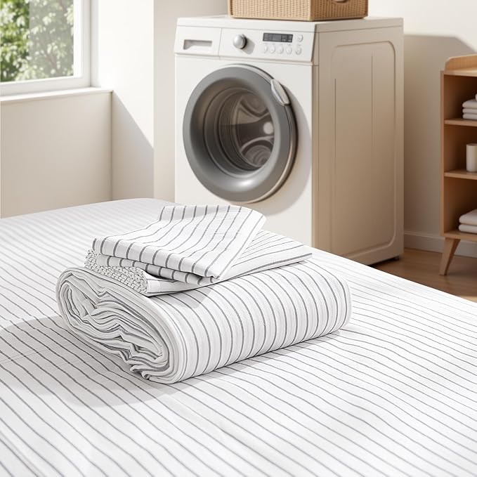 NEXHOME PRO Striped Duvet Cover Oversized King,100% Washed Cotton Bedding Set,Textured Linen Feel,Breathable,Organic,3 Piece(Grey Stripes 120x98)