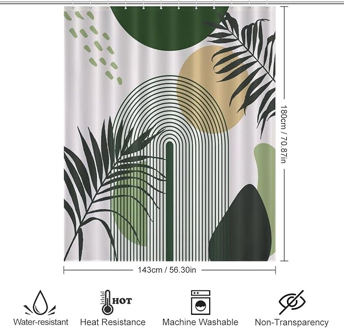Boho Mid Century Sun Shower Curtain Printed Modern Rainbow Leaves Green Design Washable Waterproof Fabric for Bathroom Decor Bathtub with 12 Hooks 55x72in（140x183cm）