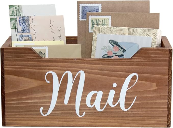 Elegant Designs HG2010-NMW Rustic Farmhouse Wooden Tabletop Decorative Script Word Mail Organizer Box, Letter Holder Office-Accessories-and-décor, Natural Wood/White