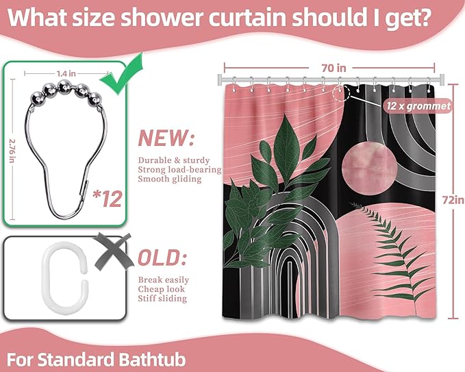 Black and Pink Shower Curtain Boho Mid Century Dark Pink and Grey and Green Shower Curtains for Bathroom Decor, Waterproof Cloth Fabric with Hooks, 70" W x 72" L