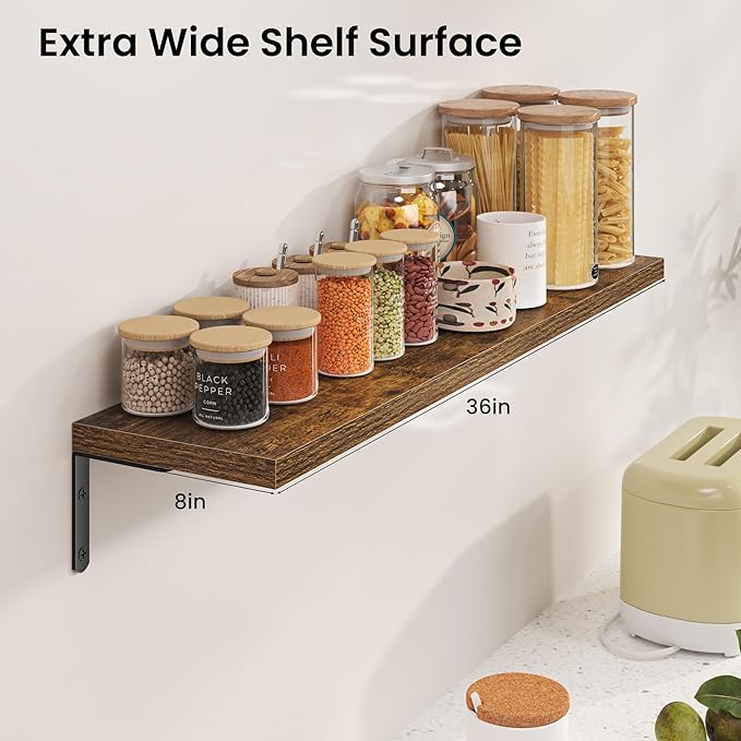 Marsmiles Extra Wide Floating Shelves for Wall, 36x8 Inch Natural Wood Grain Bookshelves, Heavy Duty Mounted Shelving for Bathroom, Kitchen, Living Room, Bedroom,Set of 2，White