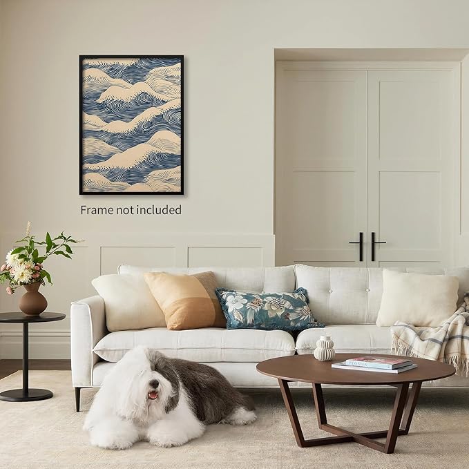 EOLRCIG Japanese Blue Wave Canvas Poster Modern Abstract Geometric Wall Art Vintage Mid-Century Wabi Sabi Prints for Minimalist Living Room Dorm Wall Decor 24X36 inch Unframed