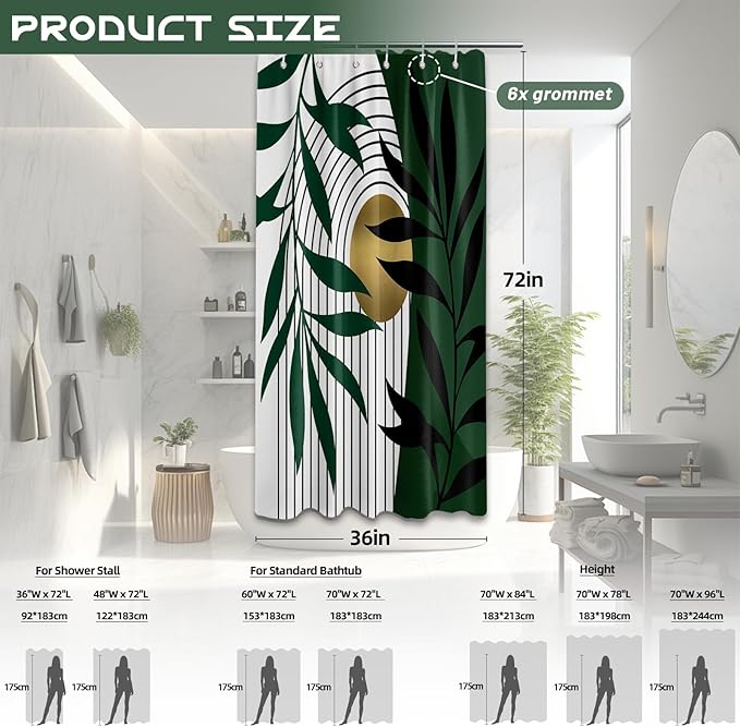 Olive Green and Gold Shower Curtain, Boho Modern Mid Century Shower Curtains for Bathroom Decor Set, Waterproof Fabric with Hooks,36" W x 72" L