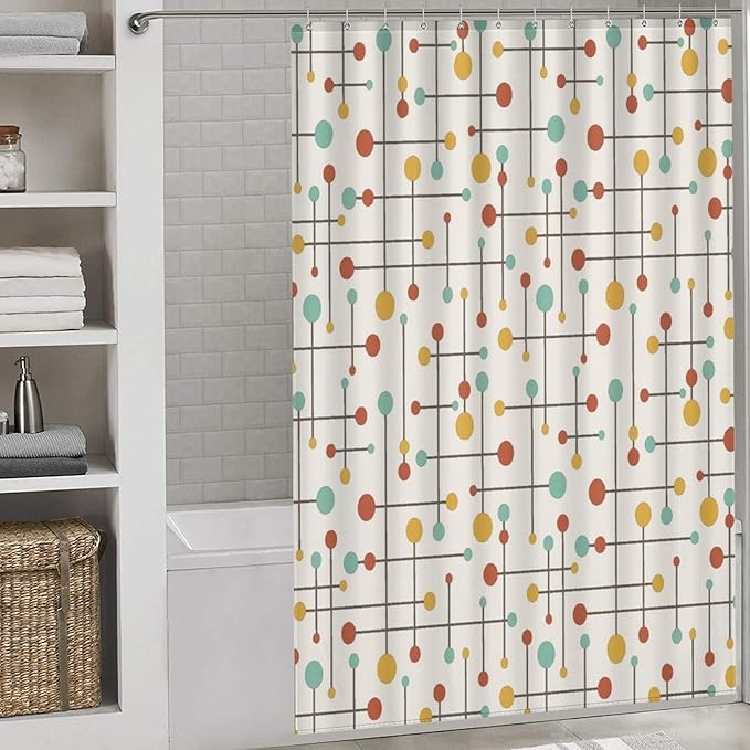 Vintage Atomic Geometric Shower Curtains, Modern Mid Century Classic 70s Lconic Colorful Pattern Washable Waterproof Fabric for Bathroom Decor Bathtub with 12 Hooks 55x72in（140x183cm）