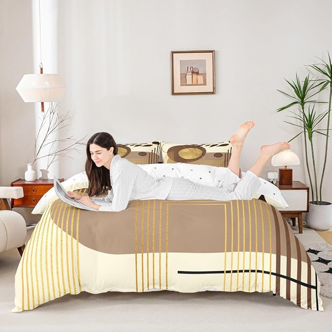 Erosebridal Mid Century Modern Twin Comforter Cover Brown Abstract Boho Duvet Cover Minimalist Aesthetic Neutral Bed Set Botanical Leaves Simple Bedding Set