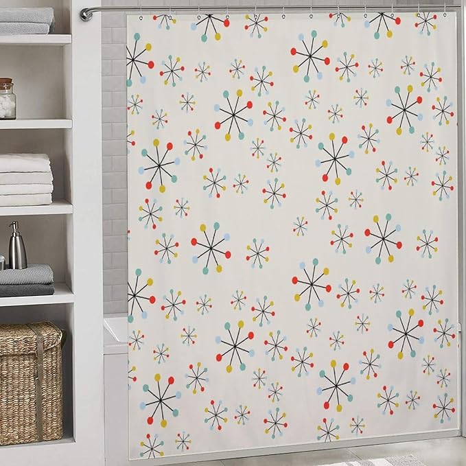 Mid Century Shower Curtain Beige Atomic Space Age Abstract Repeating Pattern Duty Fabric Shower Curtains Set Bathroom Polyester Waterproof with 12 Hooks,72x72Inch（183x183cm）