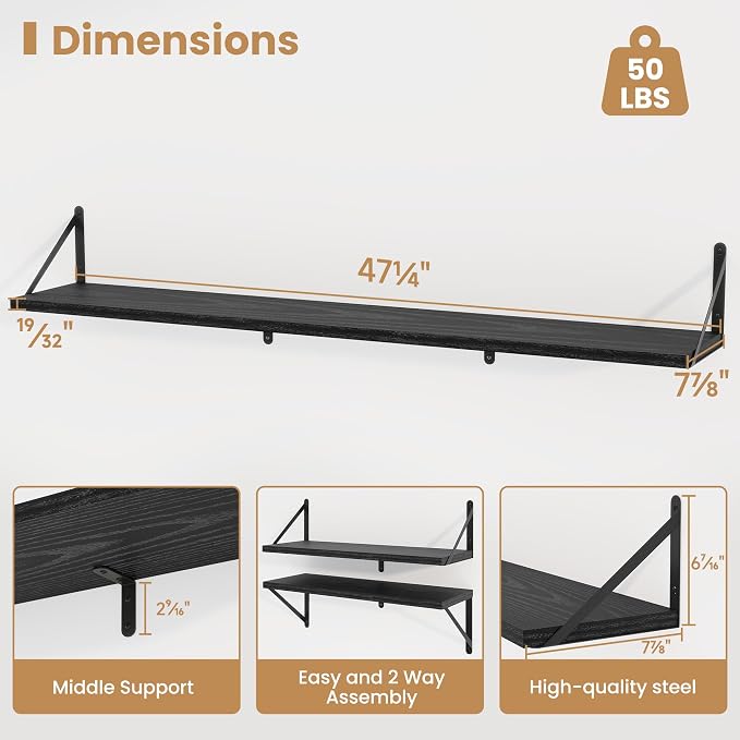 Heimlove Floating Book Shelves for Wall,47.2 Inches Long Wall Mounted Bookshelves,Heavy Duty Bracket Shelves for Living Room Kitchen,Laundry Room Storage & Decor,Set of 3,Black