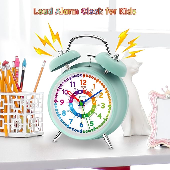 Peakeep Loud Analog Alarm Clock for Kids Learning Telling Time Teaching, 4.5" Twin Bell Alarm Clock Battery Operated for Heavy Sleepers Teenagers Kids(Aqua)