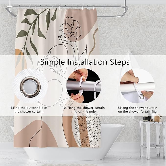 Abstract Woman Face Bathroom Shower Curtain - Mid Century Boho Modern Geometric With Hooks, Polyester Waterproof Fabric, Minimalist Art Line Aesthetic, 60x72 Inch