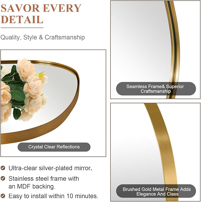 ANDY STAR 30"x40" Asymmetrical Wall Mirror，Brushed Gold Irregular Bathroom Mirror with Stainless Steel Metal Frame, Large Wall-Mounted Mirror for Bathroom, Entryway (Horizontal/Vertical)